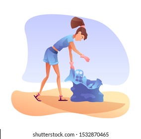 Woman clean up beach flat vector illustration. Female volunteer gathering plastic garbage in bag cartoon character. Young girl collecting trash isolated on white background. Ecology protection