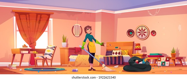 Woman clean bedroom in bohemian style. Mother, housewife or cleaning service staff with broom wear rubber gloves and apron stand in messy boho interior with scatter garbage Cartoon vector illustration