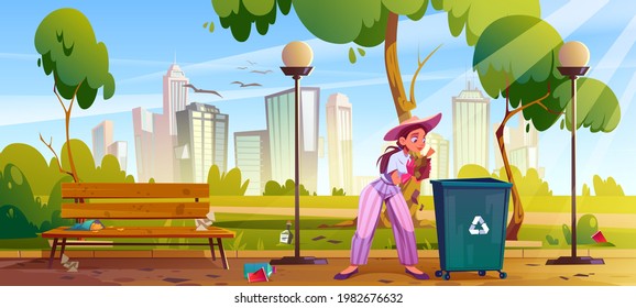 Woman clean up city park. Girl collect garbage in public garden and put to recycling container. Polluted urban area with wastes lying on bench, ground and under trees, Cartoon vector illustration