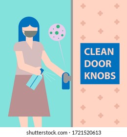 Woman clean door knobs flat vector illustration.Reduce the risk of being infected with Covid 19.Corona Virus Disease (COVID-19)