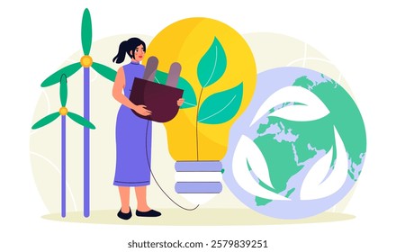 Woman with clean energy. Young girl near huge light bulb and windmills. Alternative energy and electricity. Caring for nature, ecology and environment. Flat vector illustration