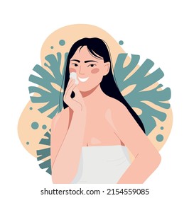 Woman clean face. Young girl applies cosmetic product on her face, spa treatments for youthful skin. Beauty and hygiene. Refreshing mask made from natural elements. Cartoon flat vector illustration