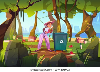 Woman clean up forest and beach area. Girl at ocean shore polluted with plastic garbage. Sea side with different kinds of trash and wastes under trees. Ecology pollution, Cartoon vector illustration