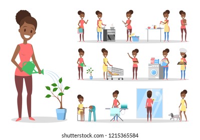 Woman Clean Home And Doing A Housework Set. Housewife Doing Everyday Domestic Routine. Isolated Flat Vector Illustration