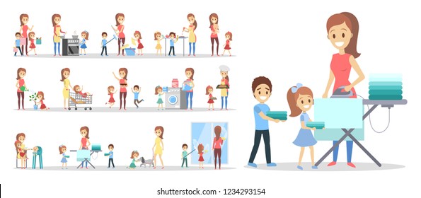 Woman clean home and doing a housework with children set. Housewife doing everyday domestic routine and kids help her. Isolated flat vector illustration