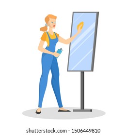 Woman clean the mirror. Domestic work, cleaner in uniform working. Housewife wash bathroom element. Isolated vector illustration in flat style