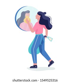 Woman clean the mirror. Domestic work. Housewife wash bathroom element. Isolated vector illustration in flat style