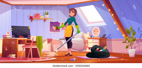 Woman Clean Teenager Room, Mother, Housewife Or Cleaning Service Staff With Broom Wear Rubber Gloves And Apron Stand In Messy Interior With Scatter Garbage. Household Chore Cartoon Vector Illustration