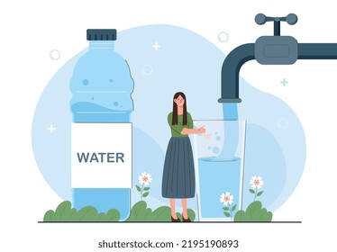 Woman with clean water. Young girl fills glass from tap. Thirst and hydration. Health care, active lifestyle, sport and fitness. Poster or banner for website. Cartoon flat vector illustration