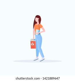 woman cleaner carrying trash bucket with paper rubbish female cleaner janitor cleaning service garbage sorting and recycling concept flat full length white background