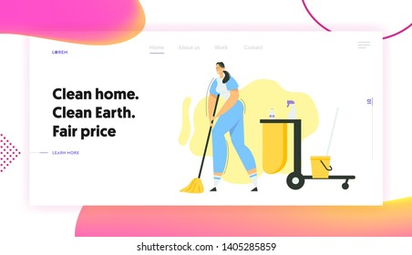 Woman Cleaner Character with Mop and Bucket Banner Website. Cleaning Service with Female Staff with Equipment. Housewife Washing Home, Janitor Worker Landing Page. Vector flat illustration