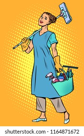 woman cleaner profession. Pop art retro vector illustration vintage kitsch