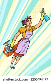 woman cleaner, superhero flying. service. Pop art retro vector illustration vintage kitsch