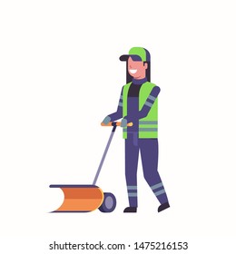 woman cleaner in uniform using handle snowplough snow removal winter cleaning service concept flat full length