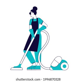 woman cleaner vacuuming floor in house