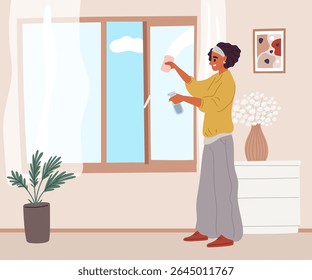 Woman cleaning apartment. Housewife washing window. Housekeeping service. Girl spraying cleanser and wiping glass with sponge. Domestic cleanup. Female doing housework