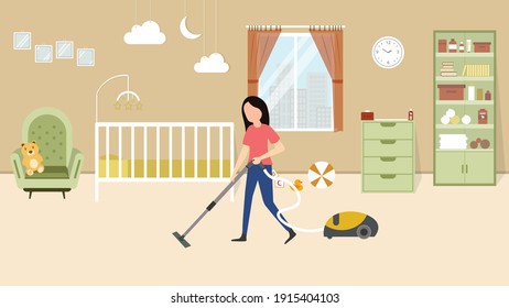 Woman Cleaning baby room with a mop. Housewife, Housekeeping, Household themes. Vector illustration in flat style
