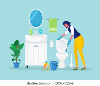 Woman cleaning bathroom. Housewife washes toilet bowl with detergent in bucket. Lavatory room with sink, towel, mirror and shelf. Vector illustration