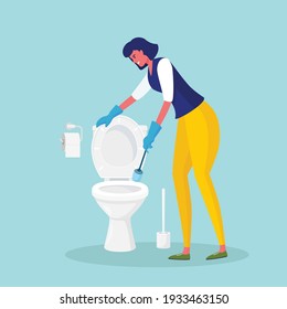 Woman cleaning bathroom. Housewife washes toilet bowl with brush. Lavatory room. Vector illustration