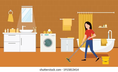 Woman Cleaning bathroom with a mop. Housewife, Housekeeping, Household themes. Vector illustration in flat style