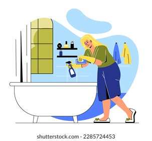 Woman cleaning bathroom. Young girl with spray and sponge in her hands washes bath indoor. Cleanliness and hygiene. Household chores, routine and cleaning. Cartoon flat vector illustration