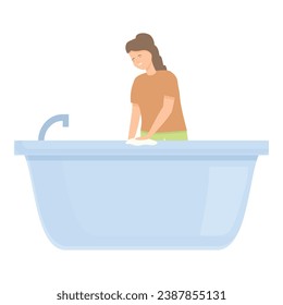 Woman cleaning bathtub icon cartoon vector. Bathroom disinfecting cleaner. Bathtub anti chalk spray.