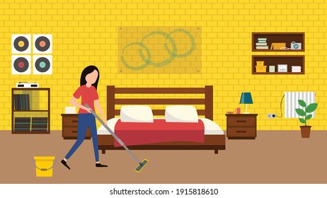 Woman Cleaning bedroom with a mop. Housewife, Housekeeping, Household themes. Vector illustration in flat style
