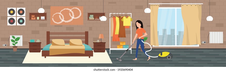 Woman Cleaning bedroom with a mop. Housewife, Housekeeping, Household themes. Vector illustration in flat style.
