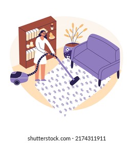 Woman Cleaning Carpter. Young Female Vaccuuming Home. Housewife Cleaning Modern Living Room With Vaccuum Cleaner. Flat Cartoon Vector Illustrtion, Trendy Colors, Isolated On White Background.