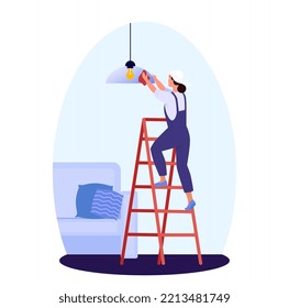 Woman cleaning the ceiling lamp standing on a ladder. Dusting with . Housewife at home.  Housemaid cleaning the apartment. Cleaning service. Cleaner app. Icon. Cleaning application design. Flat vector