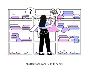 Mujer limpiando garabato de armario. Chica joven elige trajes y prendas de moda y con estilo. Tareas domésticas y rutina, limpieza. Ilustración vectorial plana simple aislada sobre fondo blanco