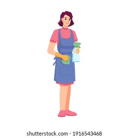 Woman from cleaning company using cloth, rubber gloves and detergent for tidying space. Isolated maid or janitor for home, hotel or office. Sanitary cleanliness. Cartoon character, vector in flat