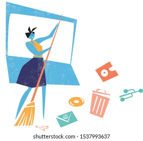 Woman cleaning the computer. Flat design vector illustration.