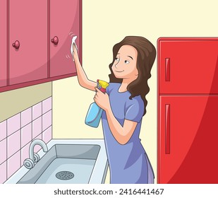 Woman cleaning the cupboard wuth a tissue paper and cleanser in a spray bottle