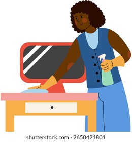 Woman cleaning a desk with a computer on it. Female character doing household chores in a cozy home workspace. Flat cartoon illustration for lifestyle or organization themes.