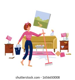 Woman Cleaning Dirty Living Room With A Mop And A Bucket Of Water. Floor Washing. Spring Cleanong Concept. Flat Vector Illustration