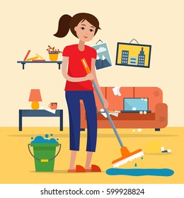 Woman cleaning dirty room with a mop and a bucket of water. Floor washing. Flat style vector illustration.
