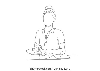 Woman cleaning dishes. Everyday activities at home concept one-line drawing