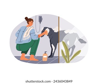 Woman cleaning dog vector clipart. Owner doing pet bathing with soap or showering companion with shampoo. Sign for puppy domestic hygiene and grooming. Washing canine with water. Cartoon illustration