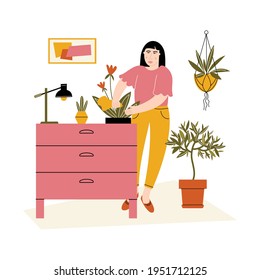 A woman cleaning dust from the leaves of indoor plants. Vector flat illustration with a person enjoying her hobby at home. Home gardening