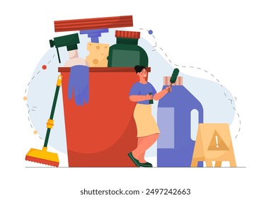 Woman with cleaning equipment. Young girl with large bucket, mops and cleaning products. Cleanliness and hygiene. Housewife and maid. Flat vector illustration isolated on white background