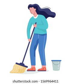 Woman cleaning the floor with a broom. Housework, domestic routine. Housewife washing foor. Cleaning service. Vector illustration in cartoon style