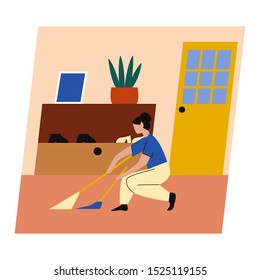 Woman cleaning the floor. Woman cleaning with broom and scoop cleaning floor. Girl doing housework. Flat vector illustration