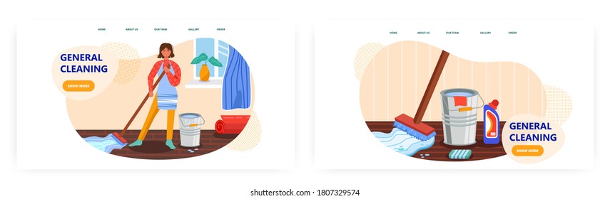 Woman cleaning floor at home. House cleaning supplies, mop, bucket, detergent. Clean home service concept illustration. Vector web site design template