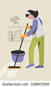 Woman cleaning floor. Housewife is cleaning the floor with the mop. Woman worker of cleaning company. Household and home cleaning concept.