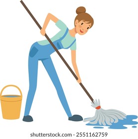 A woman is cleaning a floor with a mop