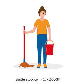 Woman cleaning the floor with a mop and  bucket of water. Vector illustration on white background.