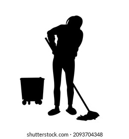 Woman cleaning floor silhouette. Cleaner vector illustration