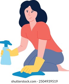 Woman cleaning floor stain with cloth. Housework character