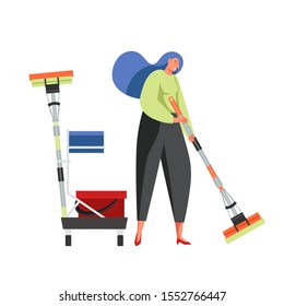 Woman cleaning floor using mop, vector flat illustration isolated on white background. Professional commercial cleaning services, mopping floors.